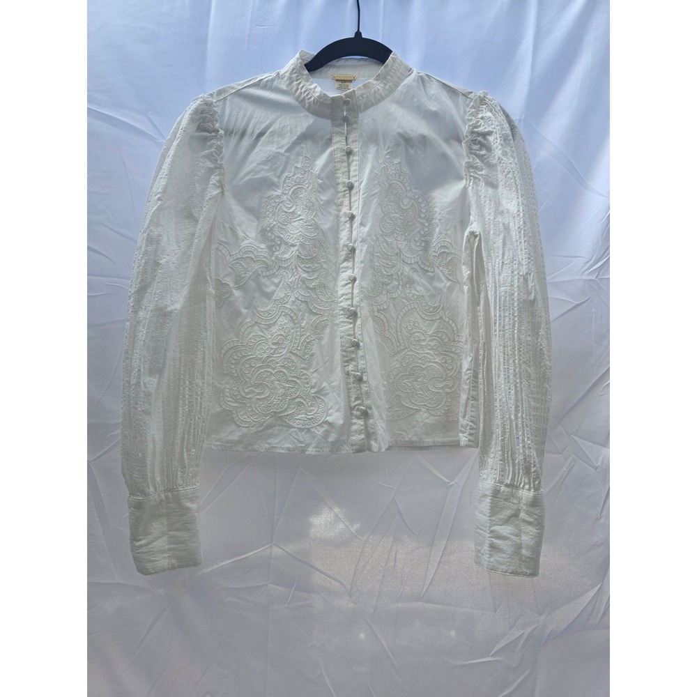 Magaschoni Womens White Cotton Embroidered Ruffle Sleeve Button Down Blouse S